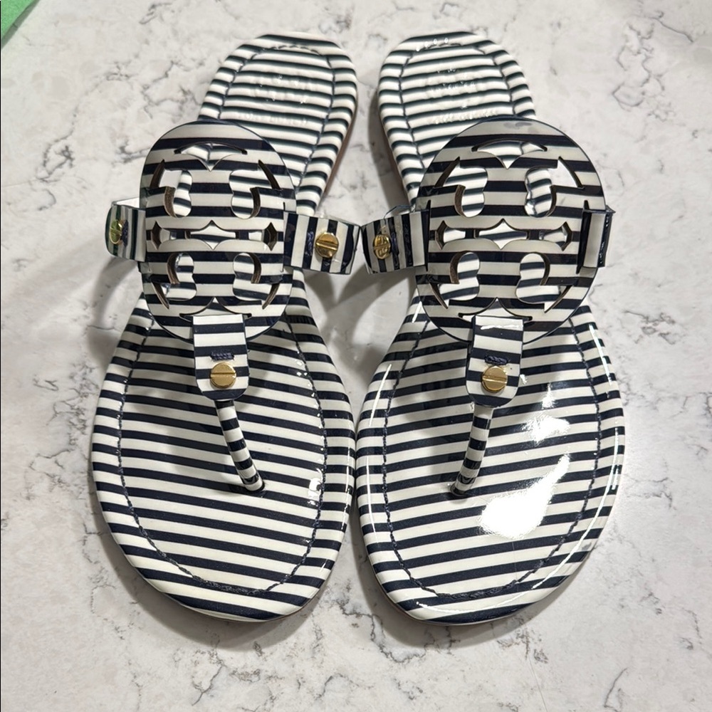 Tory Burch Black and White Striped Sandals